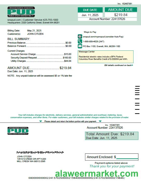 USA Snohomish County PUD utility bill template in Word and PDF formats